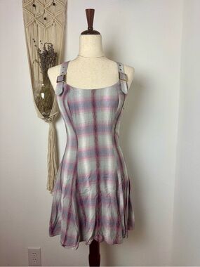 Rampage Pink & Gray Plaid Buckle-Strap Mini Dress